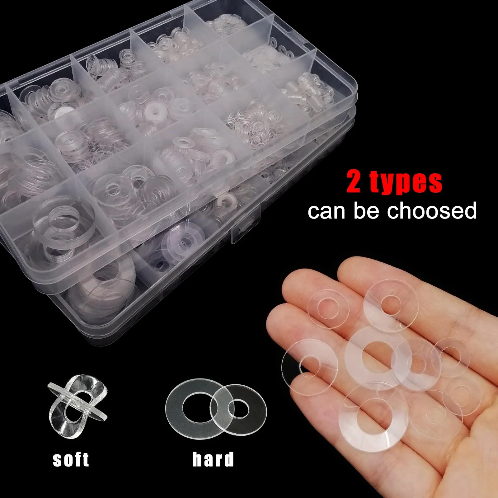 415/1085pcs M2 M2.5 M3 M4 M5 M6 M8 M10 M12 플라스틱 PVC 투명 투명 플랫 와셔 일반 스페이서 절연 가스켓 링 키트 상자