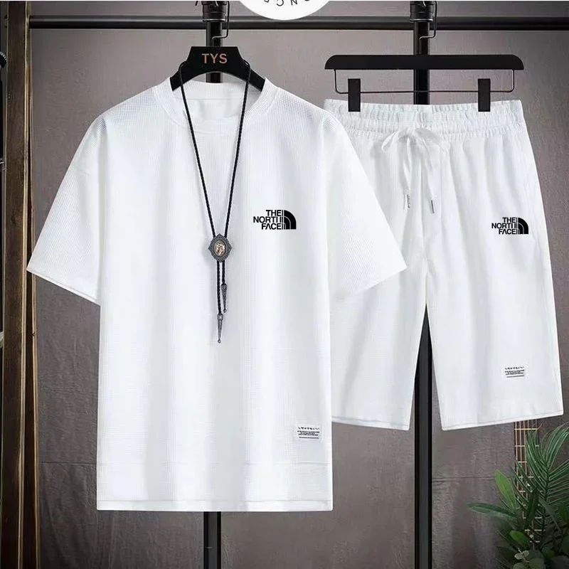 

2024 Waffle pattern 2-piece set, men's shorts set, summer sportswear, men's fashionable clothing, comfortable and fashionable lo