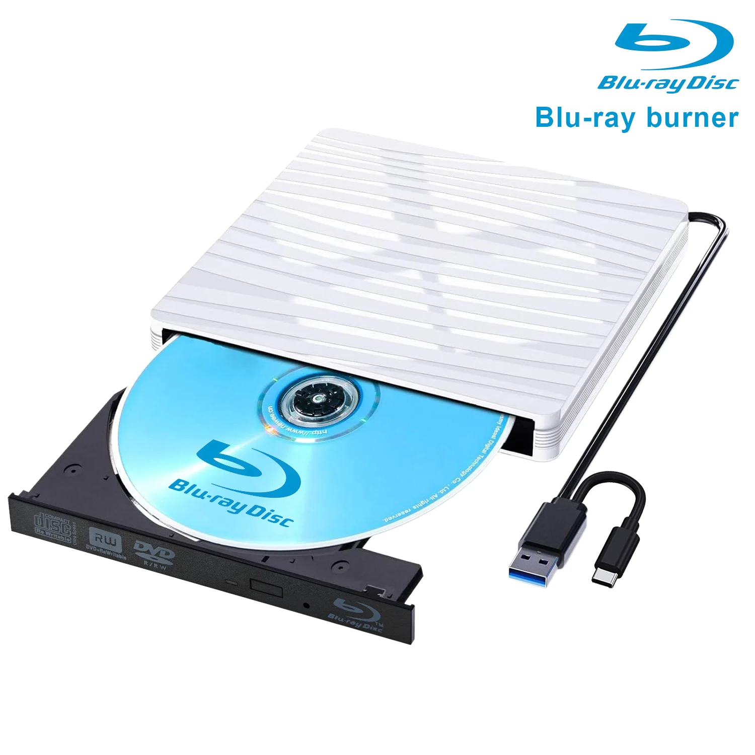 כונן חיצוני Blu Ray, USB 3.0 ו-Type-C מבער Blu-ray 3D, קורא DVD/CD/BD כותב כונן אופטי עבור מחשב נייד שולחני