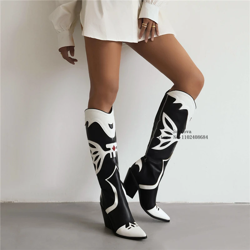 

New Cowboy Knee High Long Boots Cowgirl Butterfly Embroidered Black White Fairy Chunky Heel Western Boots Slip On Chelsea Boots