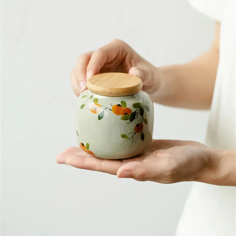 Chinese Ceramic Tea Caddy Hand-painted Persimmon Tea Jar Travel Bag Storage Box Sealed Container Storage Tank Teaware