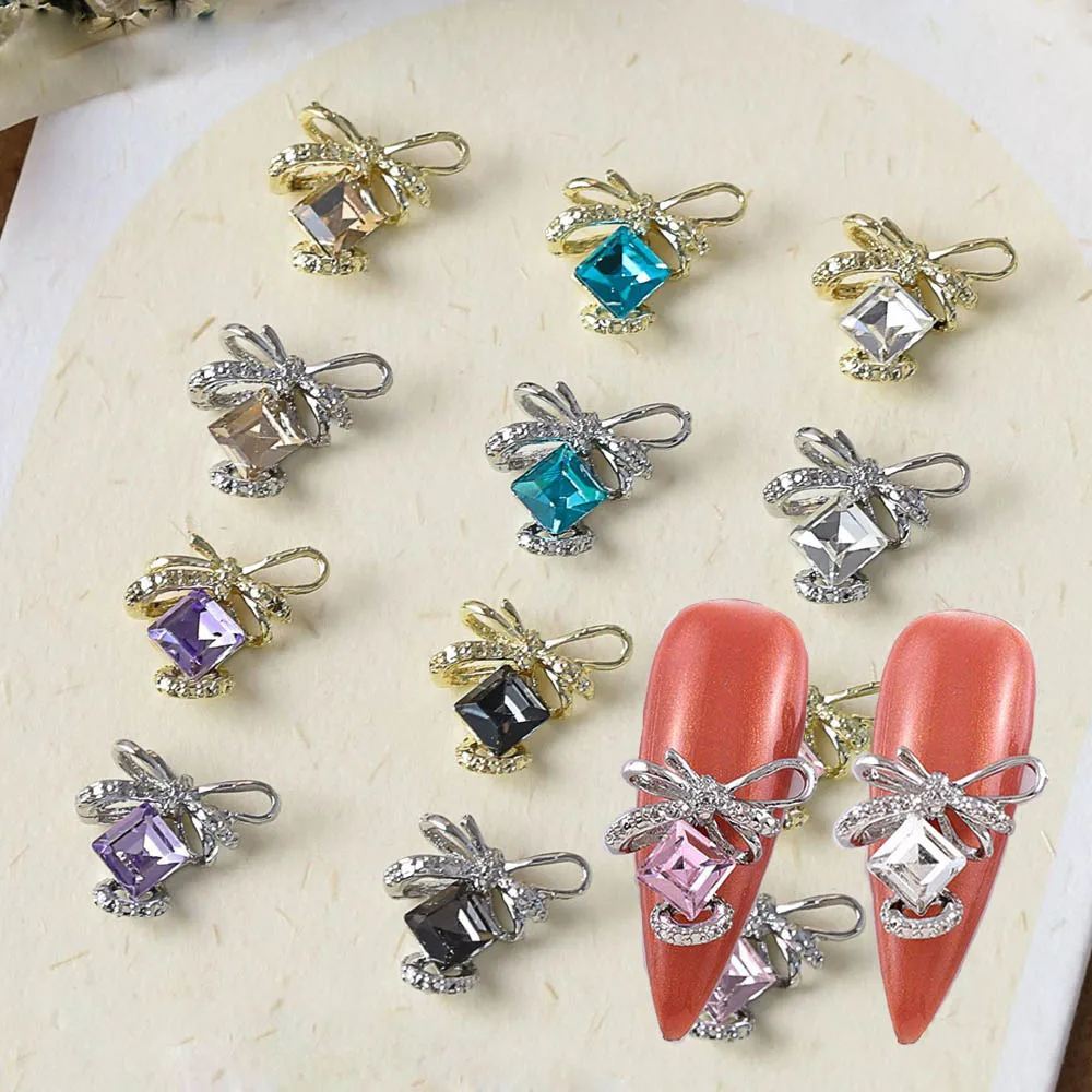 

10Pcs/lot 3D Alloy Bow Tie Nail Charms 13*13.5mm Crystal Luxury Butterfly Square Diamond Rhinestone Zircon Nail Accssories