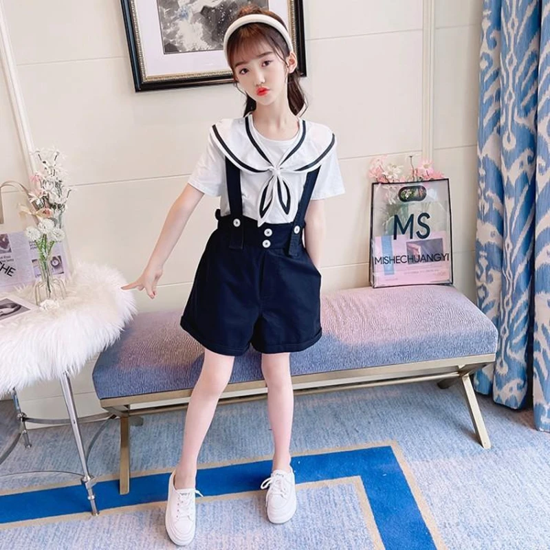 

New Summer Girls Suit Teen Bow Collar Short Sleeve Shirt + Straps Shorts 2pcs Children Outfits Casual Kids Girl Clothing Sets