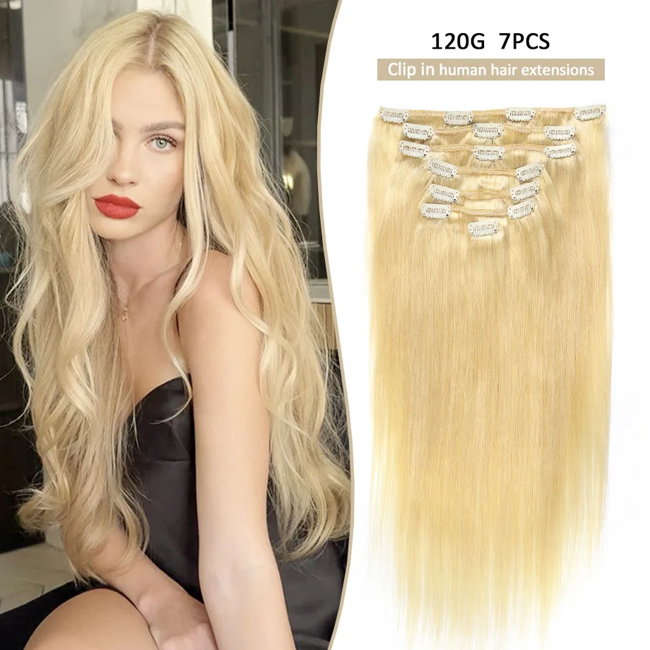 

Clip in Hair Extensions Real Human Hair #60 Platinum Blonde Hair Extensions 120g 7pcs Human Hair Full Head Clip in Extensions