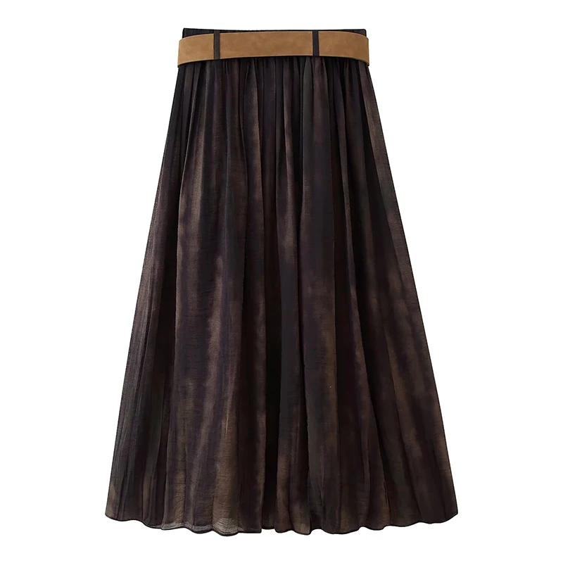 Chic Elegant Pleated Long Skirts For Women Fashion 2025 New With Belt Vintage Midi Skirt High Street Casual Holiday Skirts