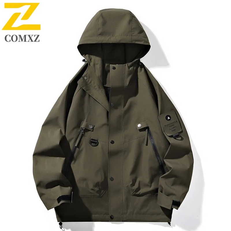 COMXZ Classic Coat Lightweight Detachable Hood Travel Work Men's Windbreaker Jacket Camping Breathable Waterproof Biker Jackets