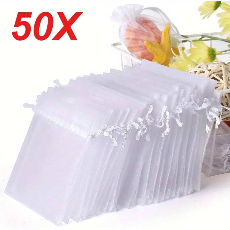 50 Stück weiße Organzabeutel, Netz-Organza-Schmuckbeutel mit Kordelzug, kleine Kordelzug-Geschenkbeutel, Weihnachten, Süßigkeiten, Hochzeit, Geburtstag