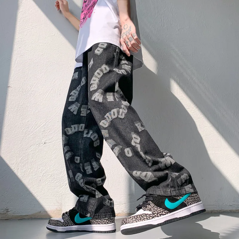 

High Street Mens Casual Straight Cargo Pants Loose Hip Hop Man Vintage Jeans Retro Mopping Trousers Y2k Pants Men Clothing