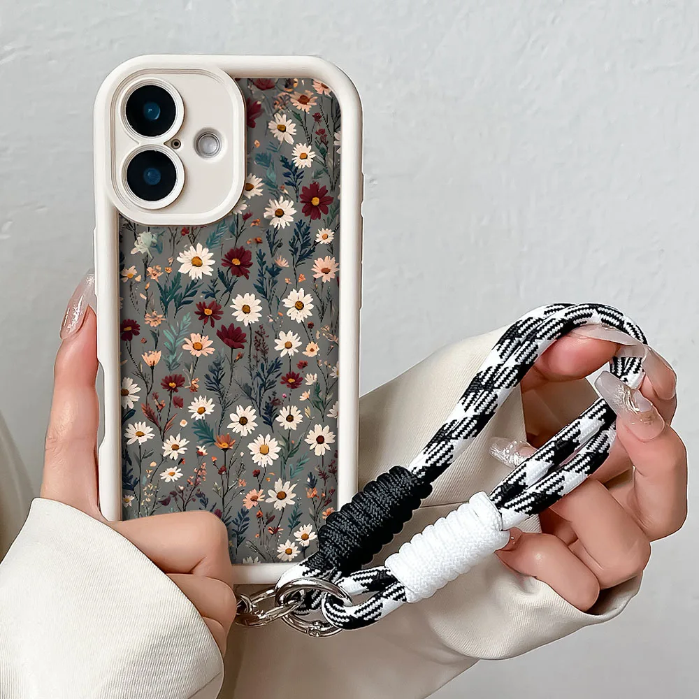 Elegant Daisy Flower Phone Case with Wrist Chain and Hand Strap