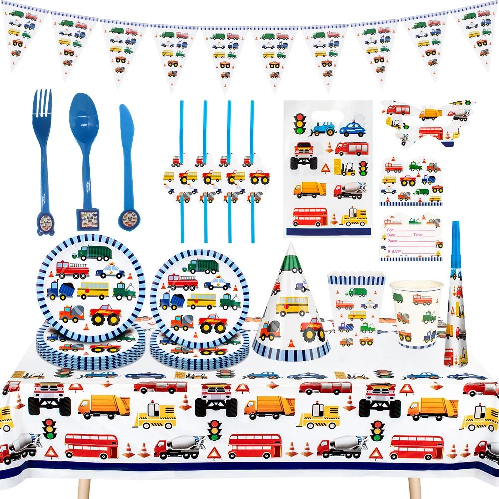 

Cartoon Car Party Plate Napkins Tablecloth Cup Construction Vehicle Birthday Supplies Engineer party Tableware Gift Bag Toys