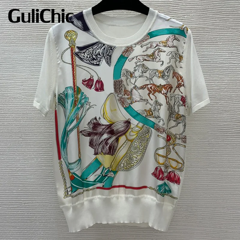 

9.19 GuliChic Women Casual Fashion Vintage Print Kintted Spliced O-Neck Short Sleeve T-Shirt