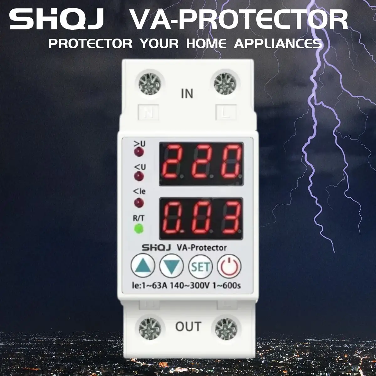 

SHQJ Voltage Current Protector 63A 230V Over/Under Din Rail Dual Display Adjustable appliance overload short circuit protection