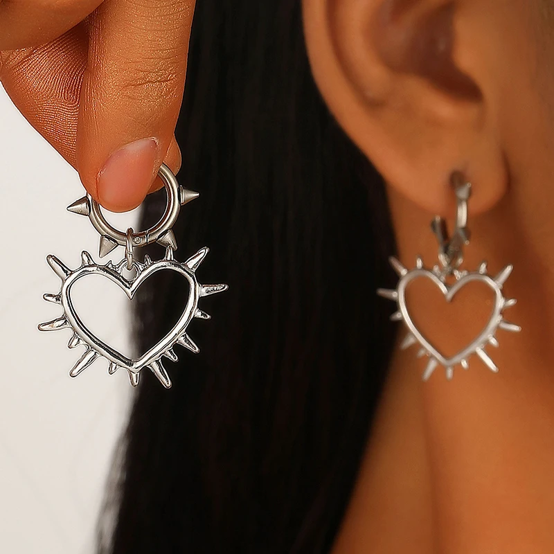 Stainless Steel Thorns Heart Hoop Earrings - Punk Style Jewelry Accessory