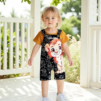 Adorable Baby Boy Summer Outfit Set with Short Sleeve Lion Print T-shirt and Overall Pants Crew Neck Cartoon Theme 3