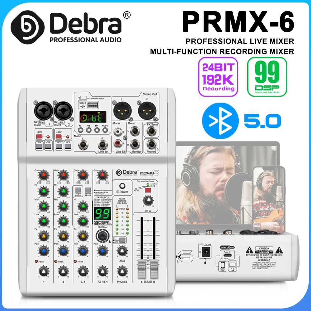 PRMX-6 오디오 믹서, 5.0 BT, 99개의 DSP 효과를 갖춘 DJ 믹서, 웹캐스팅, 스튜디오, 컴퓨터 녹음을 위한 스튜디오 품질의 24비트 192k