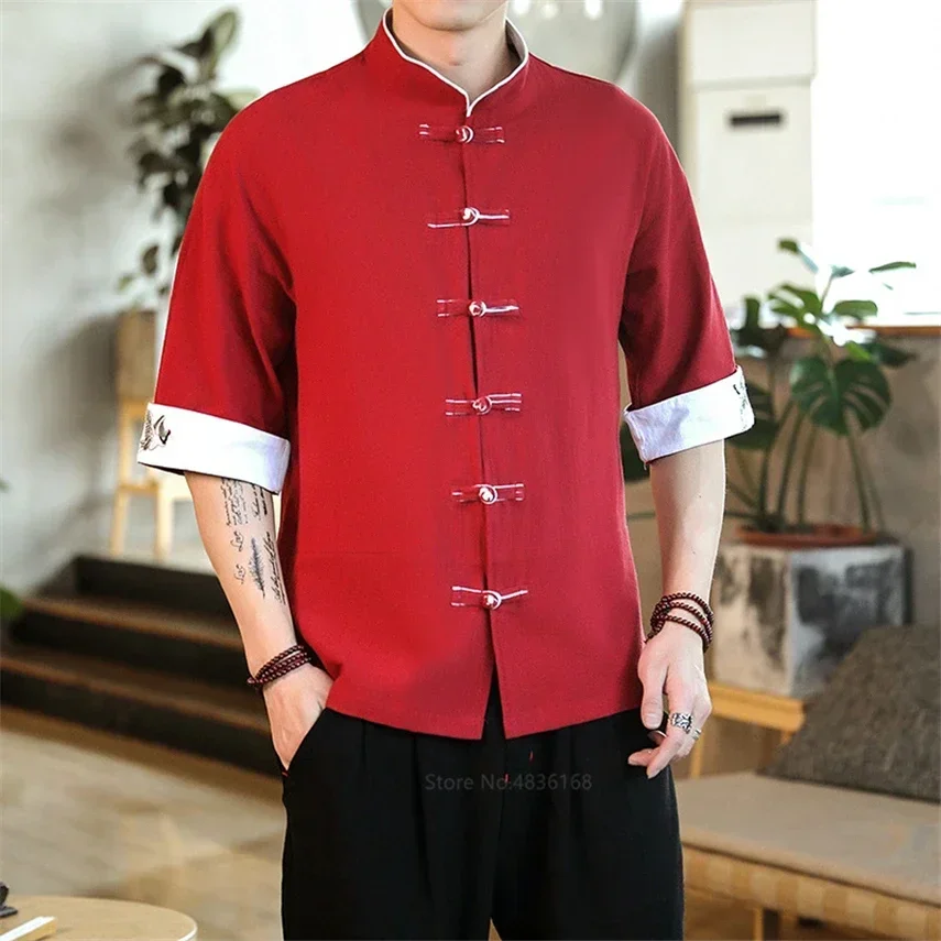 Summer Crane Embroidery Top Traditional Chinese Clothing chinese dress martial arts clothing For Men Vintage Half Sleeve Linen Shirts Madarin Collar Hanfu Kungfu