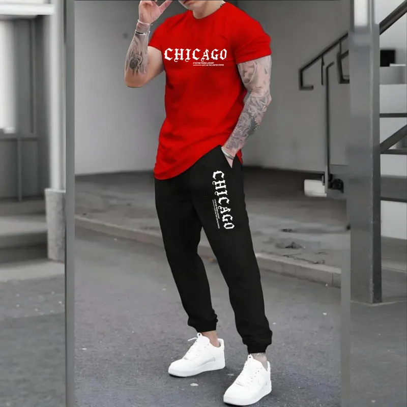 CHICAGO Print Men Tracksuit Set Jogger Clothing For Man Casual Suit Short Sleeve Tshirts+Trousers 2 Piece Outfits Streetwear 5