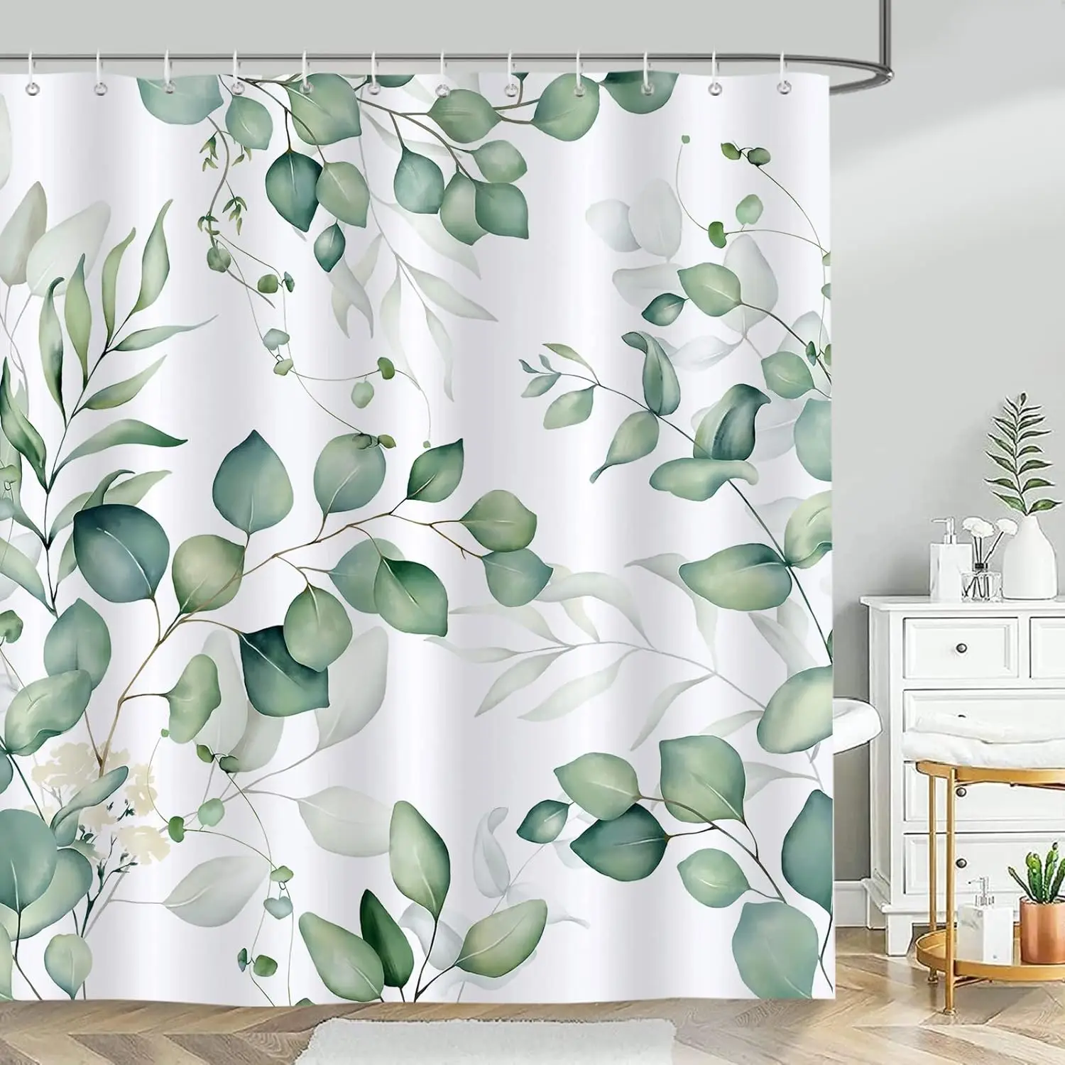 Spring Greenery & Birds Watercolor Shower Curtain – Polyester Bathroom Decor with Hooks