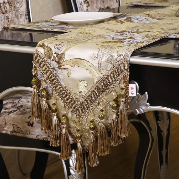 Luxury Table Runner Thick Traditional Jacquard Table Runners Multi-Tassels for Dining Room Damask Dresser Party Banquet Decor