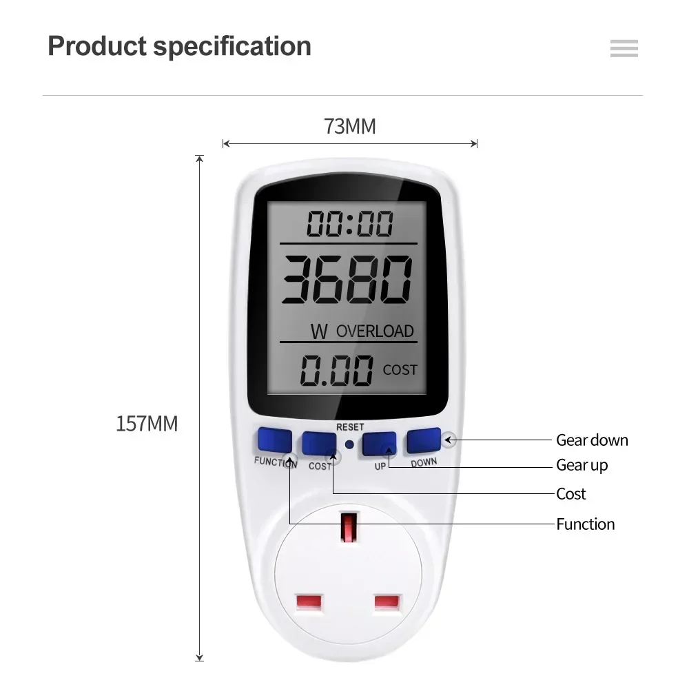 Power Meter Energy Meter 220V Digital LCD Wattmeter Socket Wattage Kwh Measuring Outlet EU Plug Overload Protection 7 Display Models