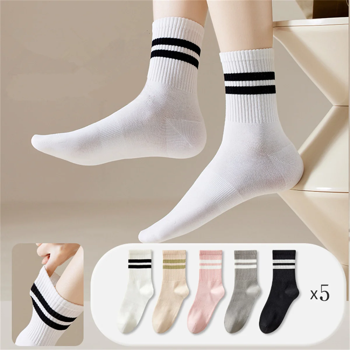 

Dreamlikelin 5pairs/lot Simple Korean Style Women Colorful Striped Students Girls Sports Socks Middle Tube Socks
