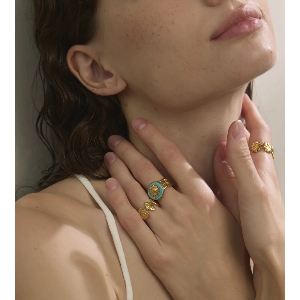 Yhpup Womens Blue Turquoise Shell Sun Ring