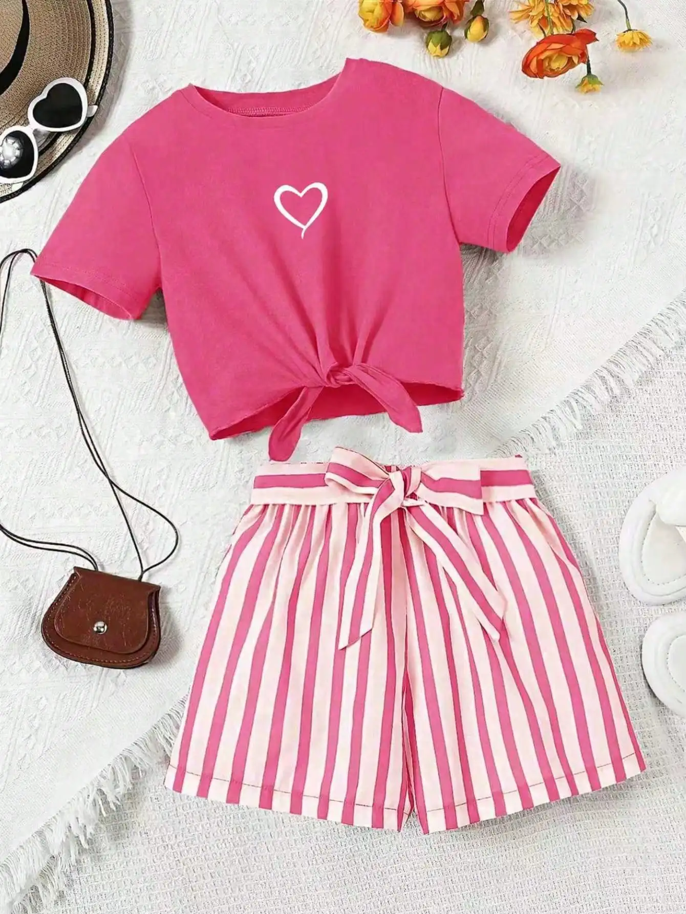 Women's casual daily short sleeved love printed+striped printed shorts 2-piece set with random belt striped children's clothing 6