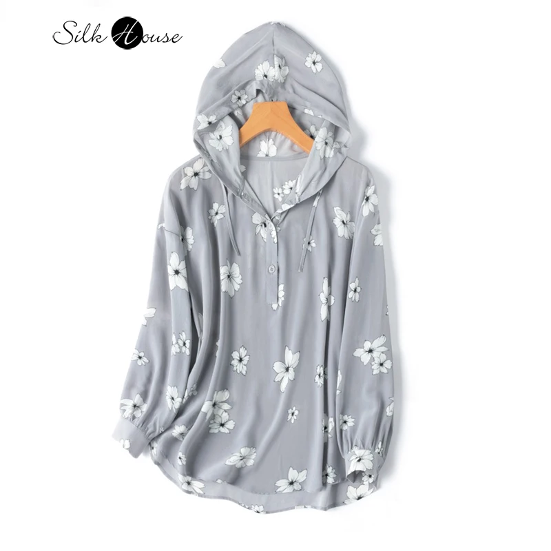 Women's Spring New 100%Natural Mulberry Silk Crepe De Chine Top Soft Glutinous Light Grey Long Sleeved Casual Hoodies Shirt sweater pullover women s light color soft glutinous fun rabbit jacquard autumn and winter japanese loose casual couple idlestyle