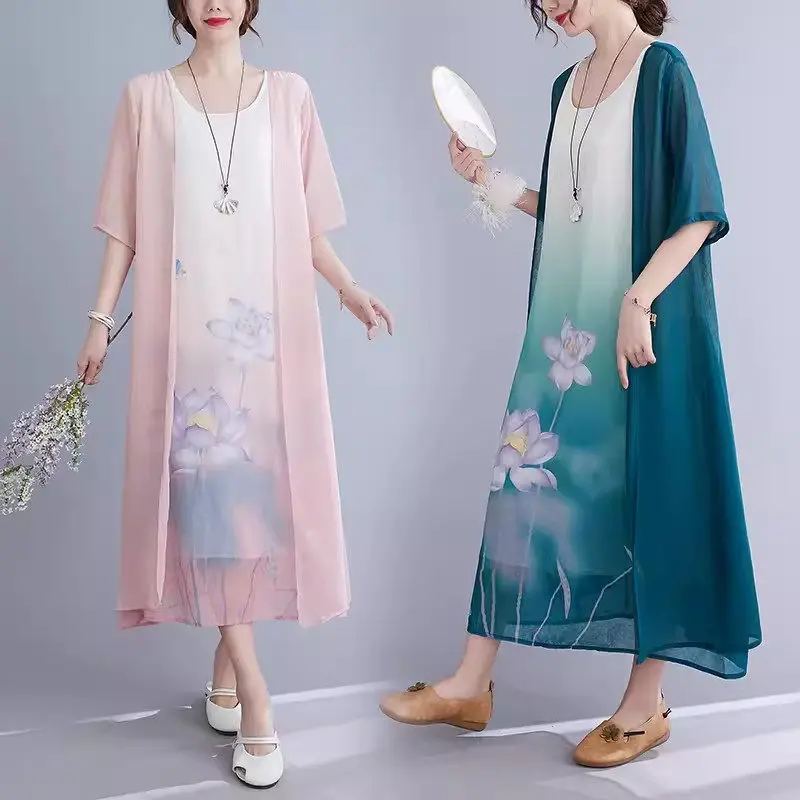 

Женское двухслойное платье средней длины, платье большого размера в этническом стиле с вышивкой, воротником-стойкой, пуговицами в виде сковородок, модель k1183 на лето, 2024