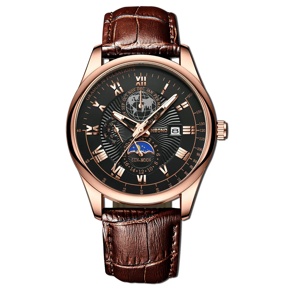 Binbond new trend men's business waterproof luminous calendar casual quartz watch small three needle creative design moon belt w