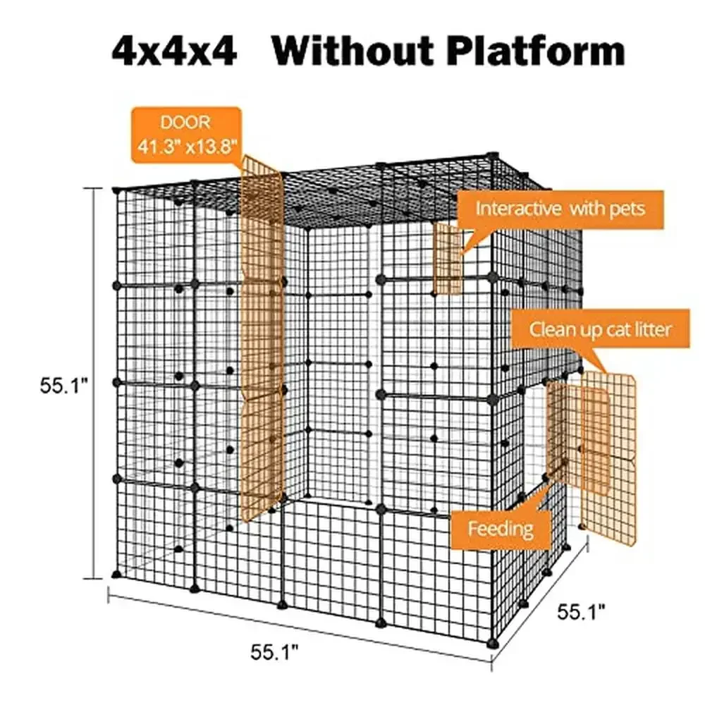 Cat Cage Enclosure Playpen Metal Wire 4-Tier House Kennel Crate 55x55x55 Inch Black Without Platform