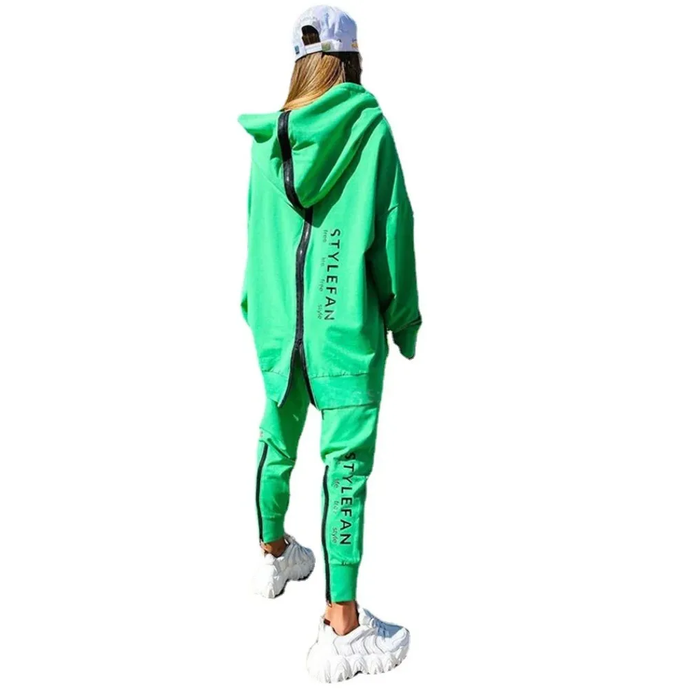 2024 Fashion Women's 22-piece Suit Long Zipper Front and Back with Letter Printing Loose Long Sweater + Trousers Suit
