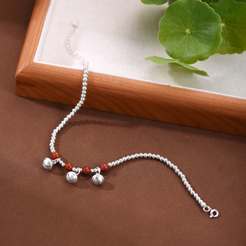 ZABRA 925 Silver South Red Bell Foot Chain Female Style Sexy Beaded Foot Ring Female Chain