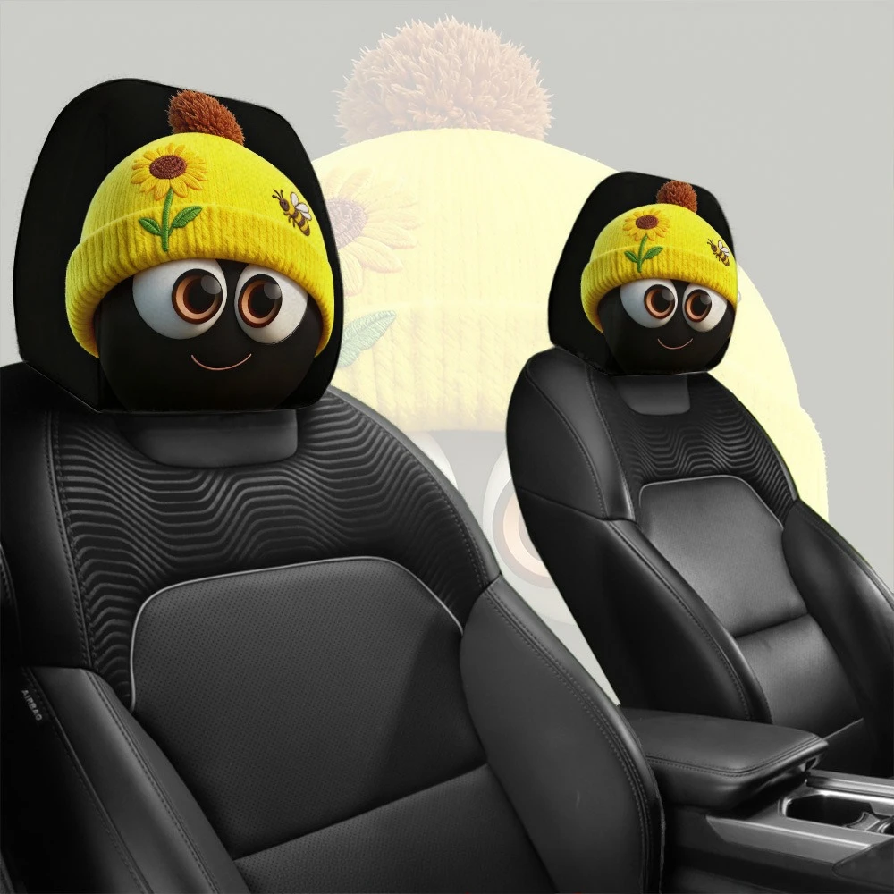 2 Stück Sonnenblumen-Bienen-Auto-Kopfstützenbezüge mit Mützen-Print | Hochwertiger Stoff, einfache Montage, waschbar – Detail 5