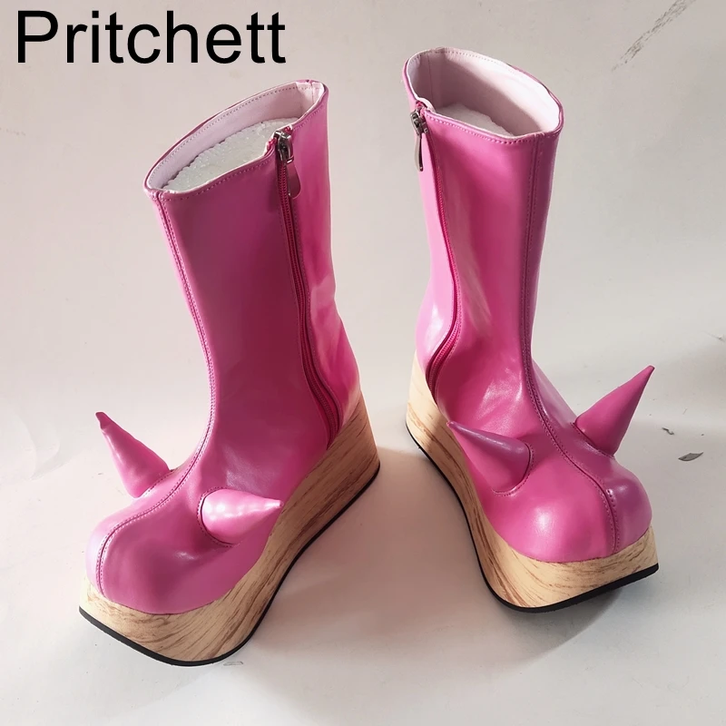 

Pink Little Devil Tall Women's Boots Wood Grain Thick Bottom Non-slip Platform Shoes 2023 Summer Fashion High Top Rocker Shoes