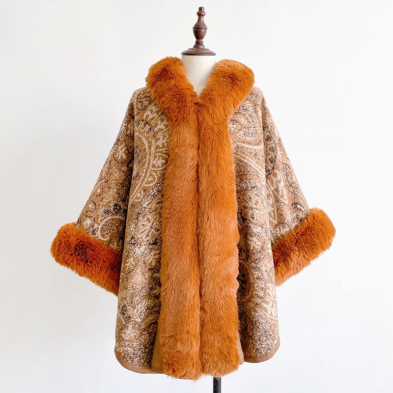 Winter New Thicken Mink Wool Full Trims Faux Fur Cape - Women's Hooded Loose Fleece Cloak Coat for Party Dress Wraps Warm