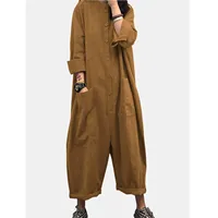 Women Jumpsuit 2024 Female Oversized Romper Autumn Loose Pockets Overalls Casual Solid Stand Collar Bottom - Image 3