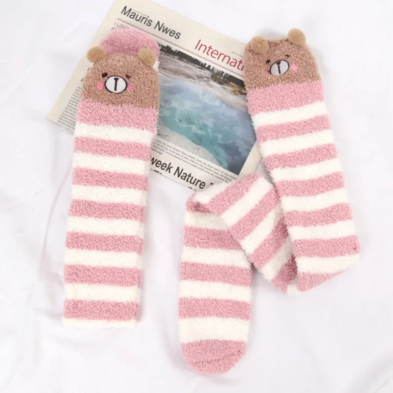 Women Lolita Cute High Socks Harajuku Winter Striped Coral Velvet Long Socks Warm Thicke Knee Length Socks Home Towel Stockings