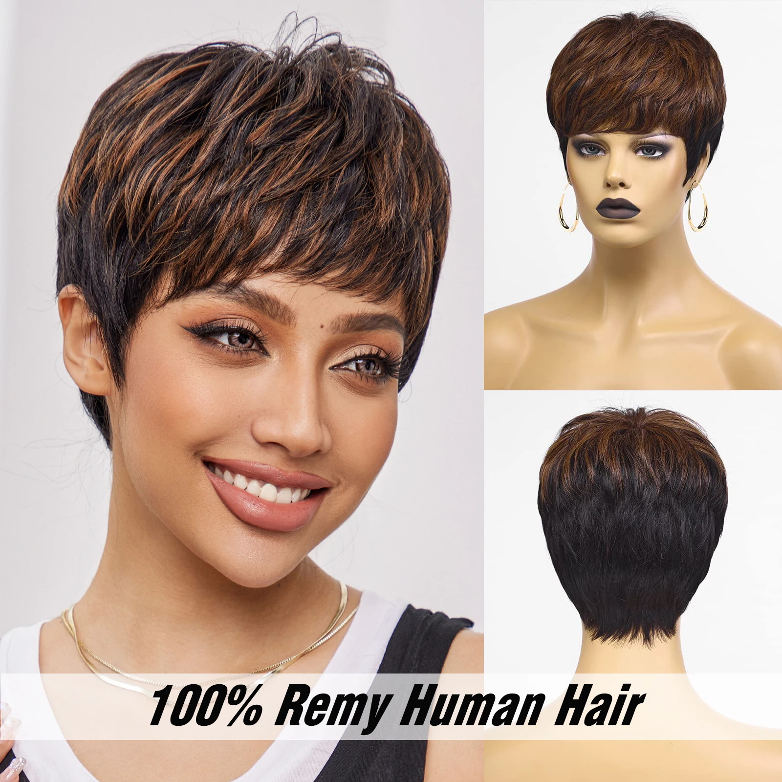 

Natural Wavy Short Pixie Cut Human Hair Wigs for Women Black Golden Highlight Bob Remy Human Hair Layered Cheap Glueless Wig