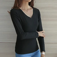 Women Long Sleeves T-shirt Bottoming Shirt Round Neck or V Neck Shirt Black White Solid Color Top Homewear T-shirt - Image 6