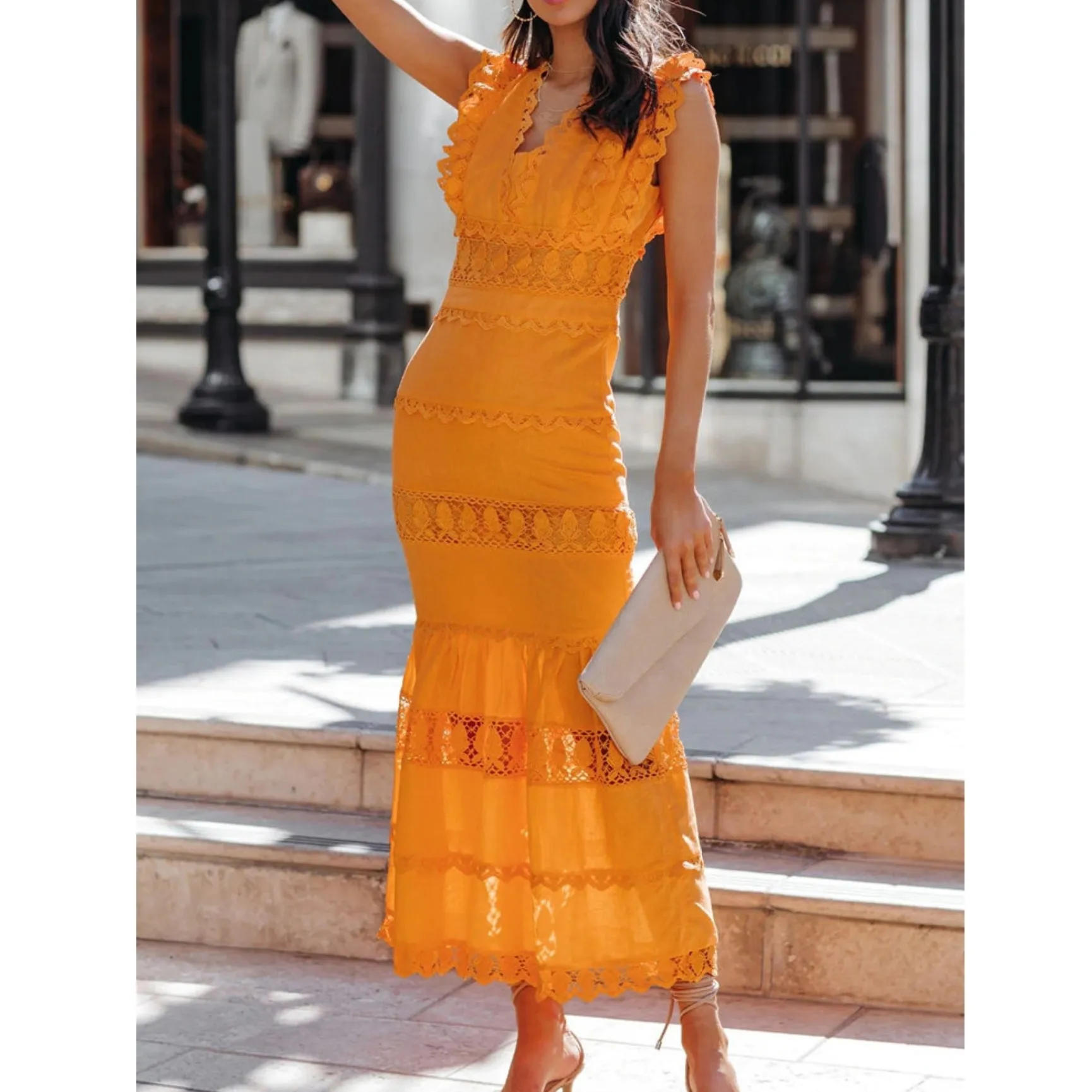 

Tank V Neck Mermaid Long Elegant Club Evening Party Female Dress Sexy Sleeveless Ruffles Dress Solid Women A Line Maxi Dress