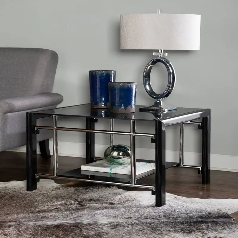 

Glass and Metal End Table with , Black and Chrome