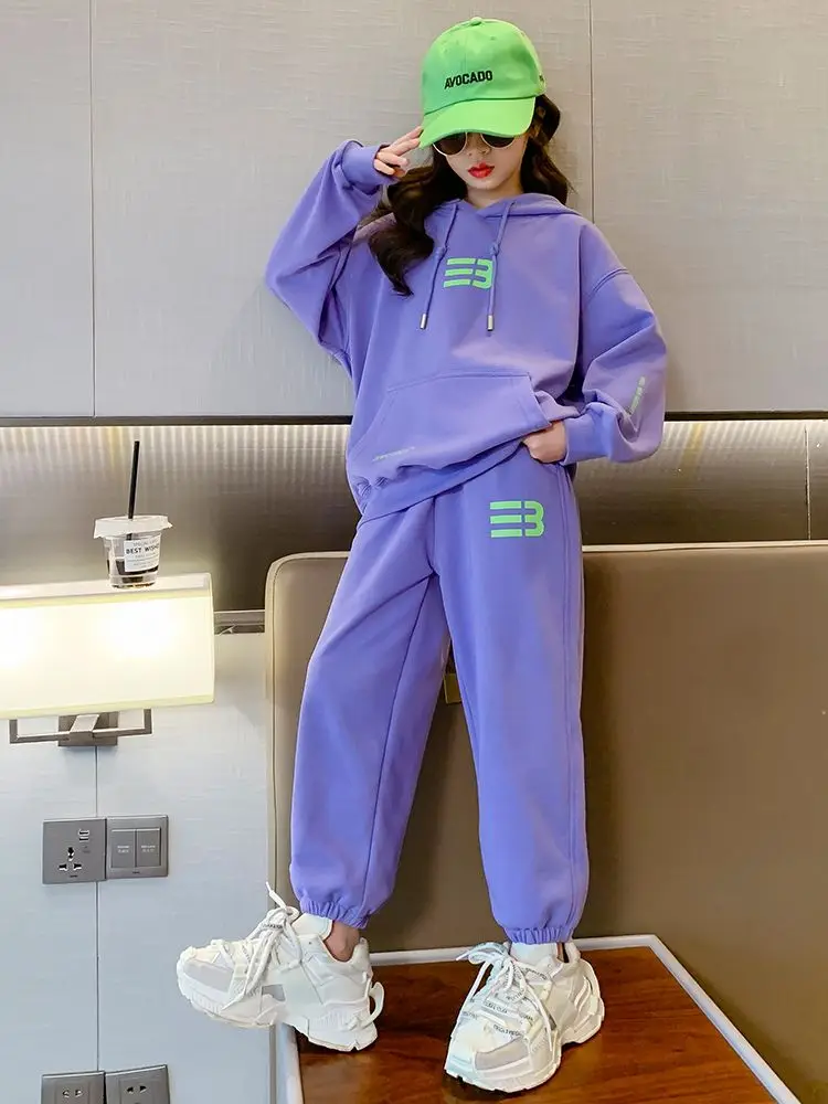 

Спортивные комплекты для девочек-подростков, свитер с капюшоном и буквенным принтом на шнуровке, свободные брюки с манжетами, Весенняя повседневная детская одежда из двух предметов