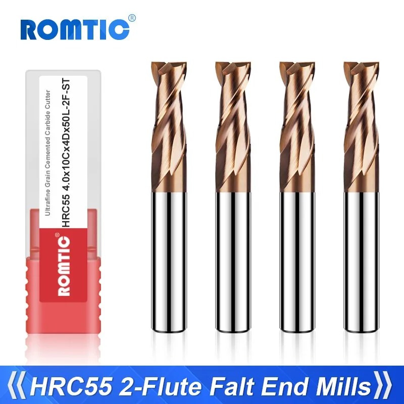 

ROMTIC 2-Flute Nano Coating Tungsten Steel Carbide Flat End Mill For Steel CNC Mechanical Maching Milling Cutter Tool HRC55