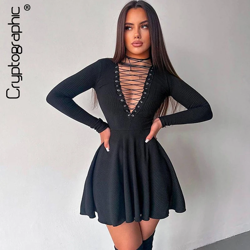 

Cryptographic Sexy Bandage A-Line Mini Dress Elegant Fashion Club Outfits Lace Up Long Sleeve Dresses Clothes