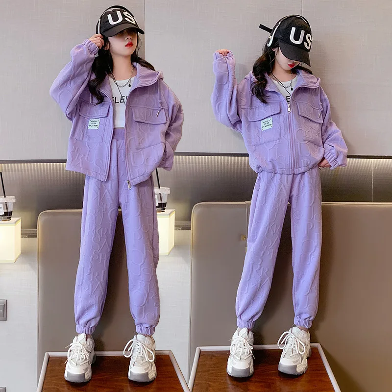 

Spring Teen Clothes for Girls Fashion Letter Embossed Design Jacket + Trousers 2pcs Casual Hooded Sportswear Outfits Set 4-14Yrs