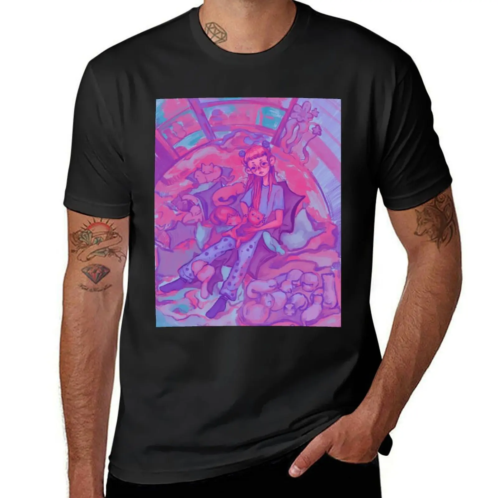 

girl with kittens, pink T-Shirt vintage aesthetic clothes quick drying anime t shirts for men pack