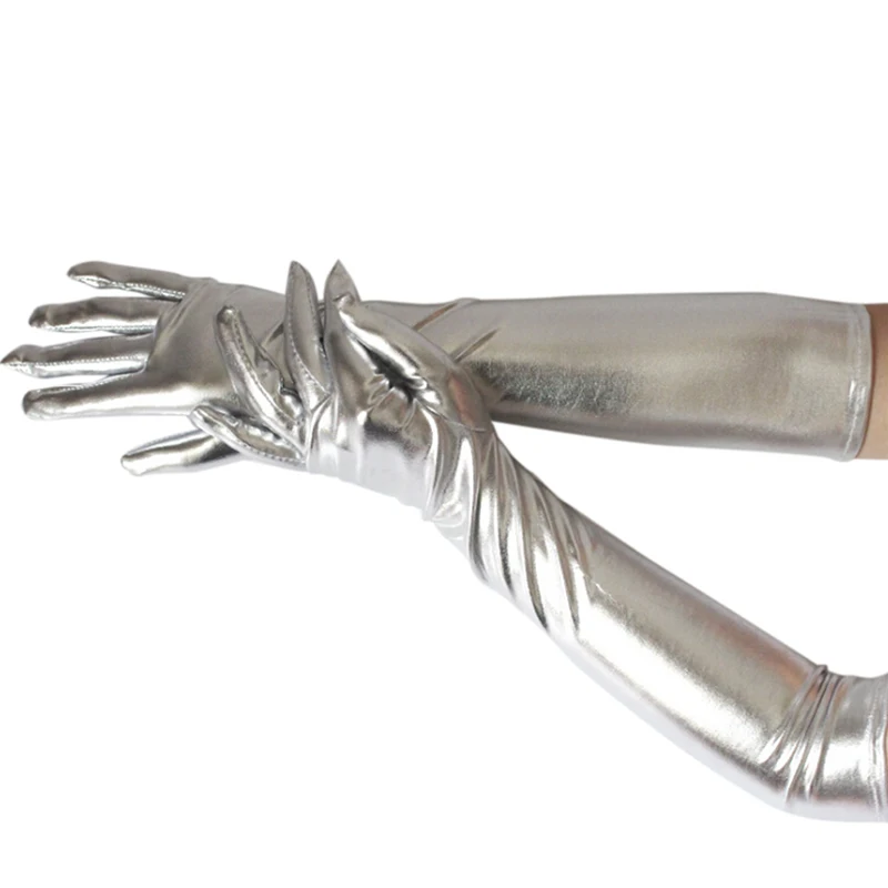 Gold Silver Wet Look Fake Leather Metallic Gloves Evening Party Performance Mittens Women Sexy Elbow Length Long Latex Gloves