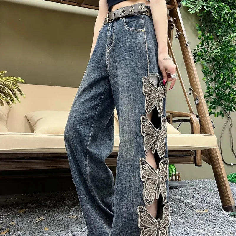 Summer New Butterfly Embroidered Wide Leg Jeans For Women High Waisted Ripped Denim Pants Vintage Casual Straight Leg Trousers
