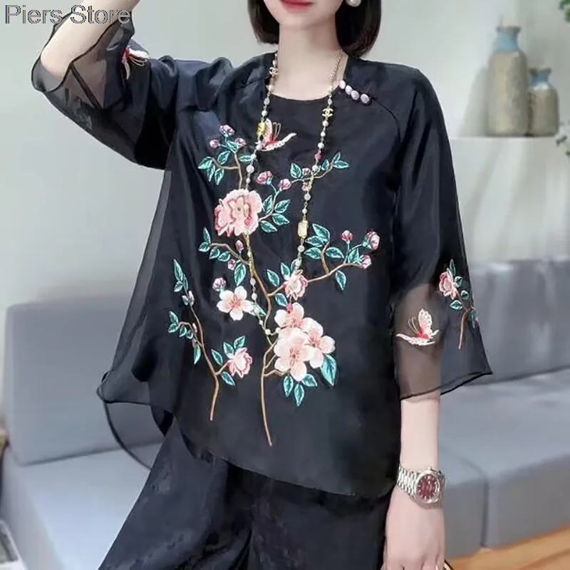 Chinese Style Embroidery Yarn Top for Women hanfu Blouse women chinese shirt
